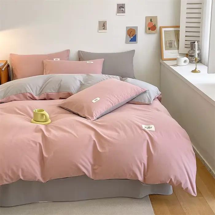 Parure de lit trois pièces confortable de couleur unie, ensemble quatre pièces rose