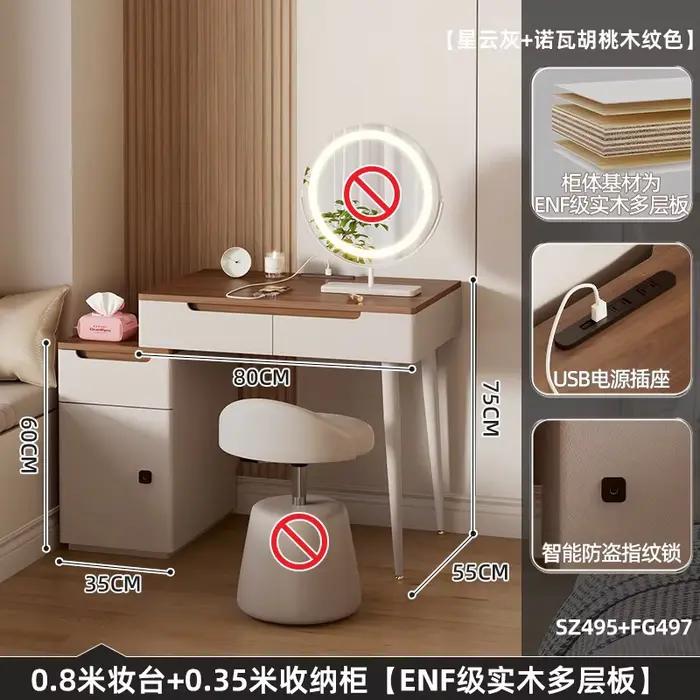 Coiffeuse de luxe en bois avec miroir LED, meuble de rangement et organisateur pour maquillage et co