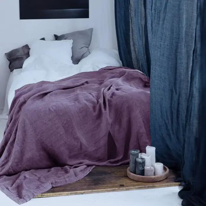 Parure de lit de luxe en lin pur lavé 100 %, tissage uni, motif goutte de pluie à la française, pour