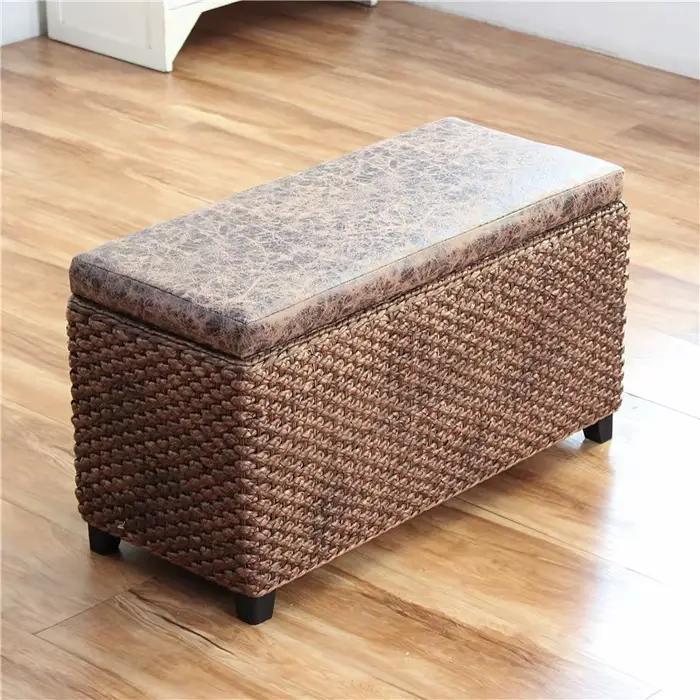 Banc ottoman en bois massif rembourré, tissage en rotin, pour couloir, entrée, avec organisateur sou
