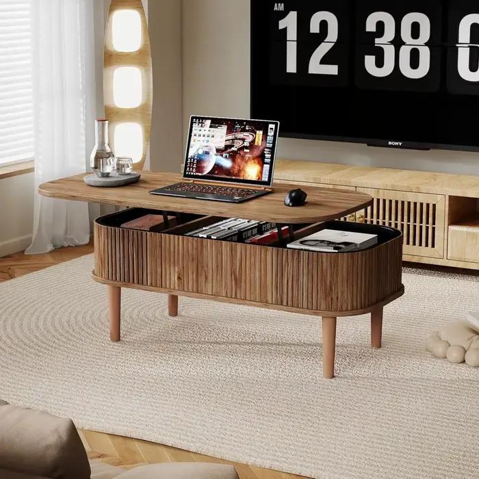 Table basse relevable cannelée avec rangement dissimulé, table basse ovale avec plateau relevable, d