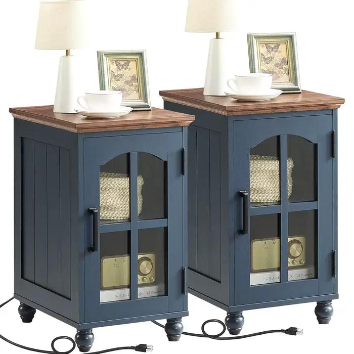 Ensemble de 2 tables d'appoint étroites, table de chevet style farmhouse avec station de charge, tab