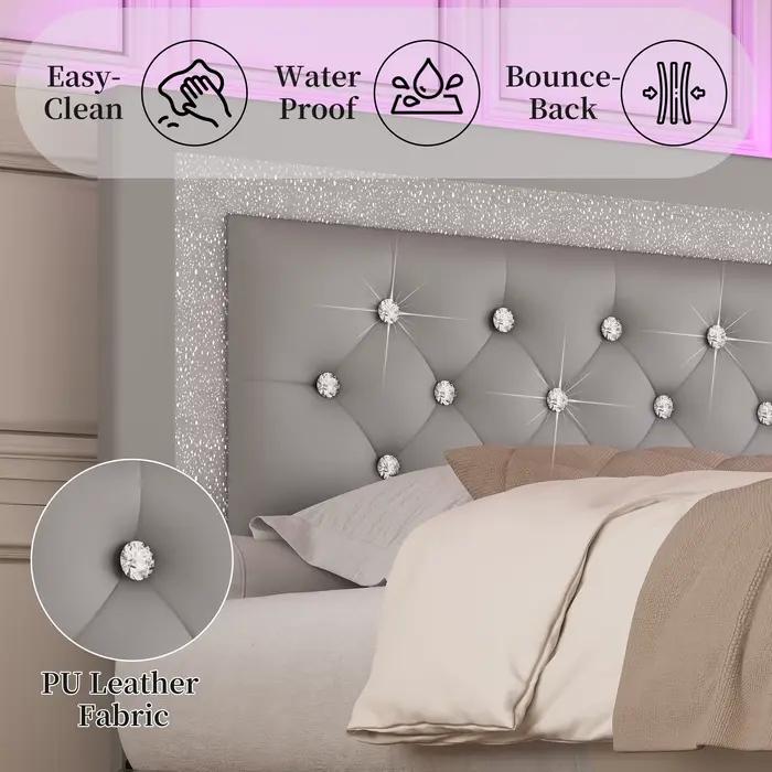 SIBEDS Cadre de lit queen avec lumières LED, tête de lit réglable, revêtement en lin capitonné, jupe