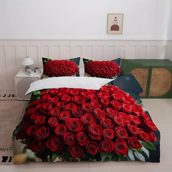 Parure de lit Roses rouges, housse de couette imprimée en 3D, ensemble de lit doux simple, Double, Q