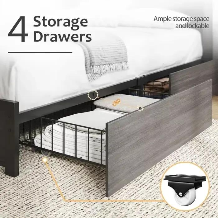 BestsellerHISOFT Cadre de lit Queen avec tête de lit de rangement, lit en bois avec bibliothèque hau