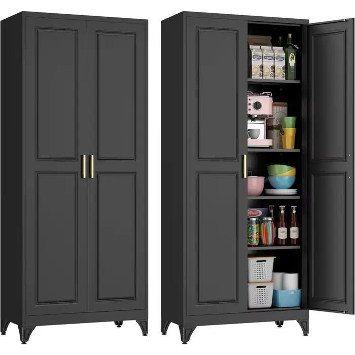 Armoire de garde-manger de cuisine de 75 pouces, armoires de rangement en métal noir avec 2 portes e