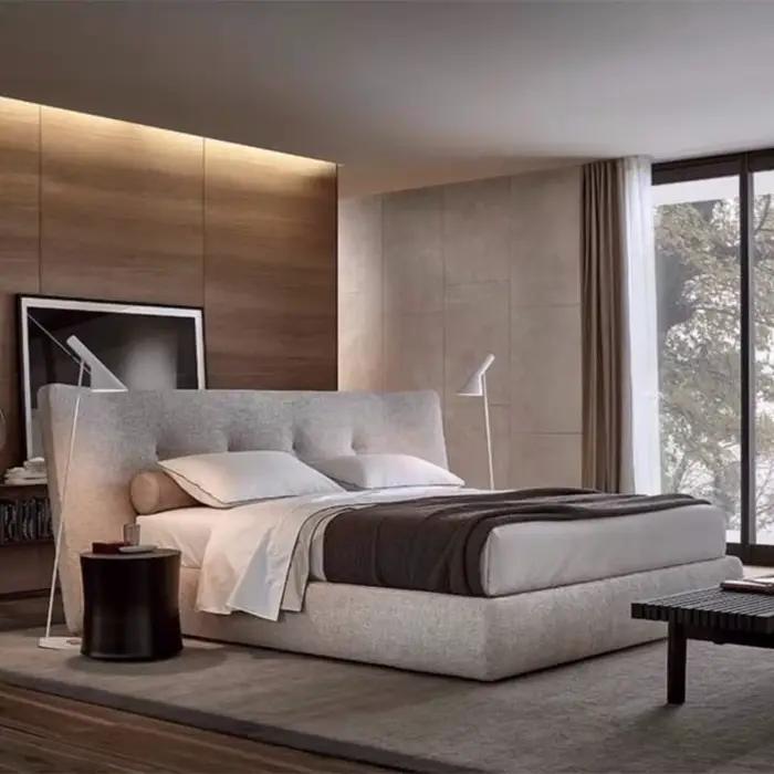 Lit 180x200cm avec dossier souple, cadre en bois, lit haut Queen Size pour 2 personnes, style nordiq