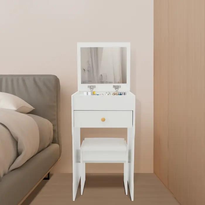 Petit coiffeuse blanc avec miroir rabattable, rangement caché, ensemble de coiffeuse avec plateau en