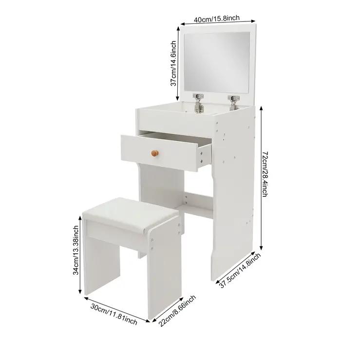 Petit coiffeuse blanc avec miroir rabattable, rangement caché, ensemble de coiffeuse avec plateau en