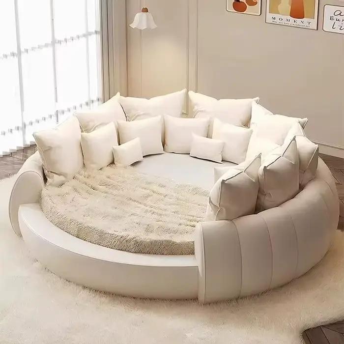 Lit Rond Esthétique avec Tête de Lit Rembourrée, Design Nordique, pour 2 Personnes, Cadre en Bois Ma
