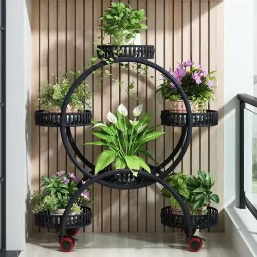 Étagère de support de plante de porte-fleurs, 4 couches, 6 pots, 4 roues, étagère d'affichage mobile