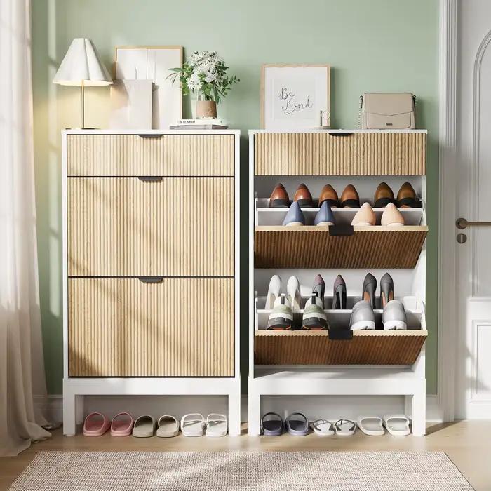 Armoire de rangement pour chaussures avec 2 tiroirs rabattables, organisateur de chaussures cannelé 