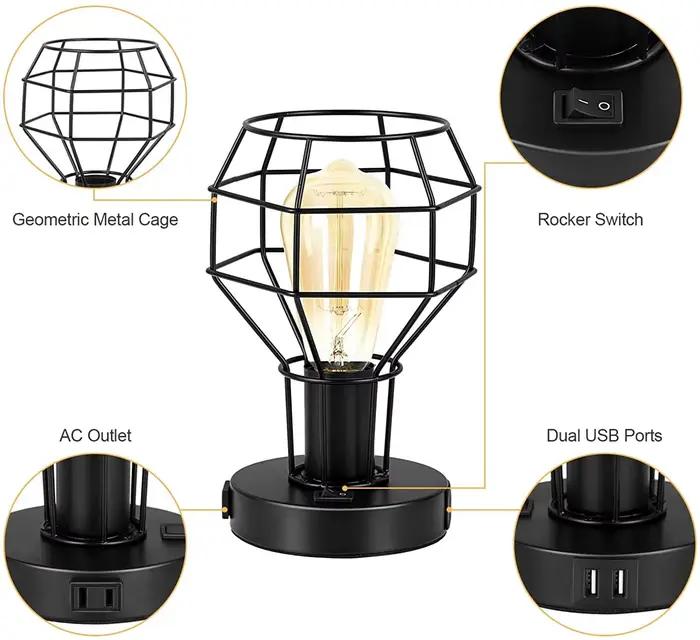 Petite lampe de table industrielle avec port de charge USB, lampe de bureau vintage avec prise pour 