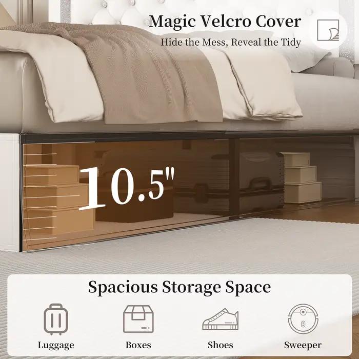 SIBEDS Cadre de lit queen avec lumières LED, tête de lit réglable, revêtement en lin capitonné, jupe