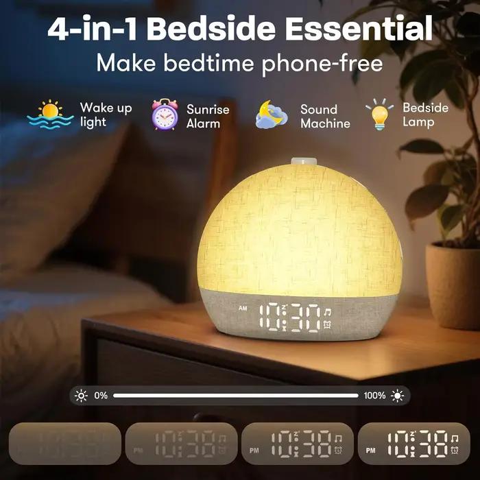 Réveil Lumineux, Machine à Bruit Blanc avec 30 Sons Apaisants, Lumière Naturelle pour le Réveil, Idé