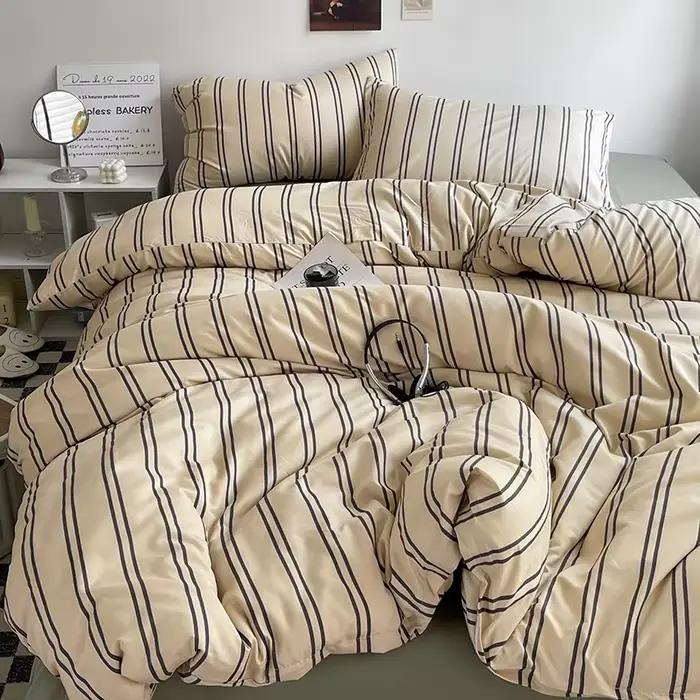 Parure de lit à rayures avec taie d'oreiller, drap de lit simple, linge de lit pleine taille, housse