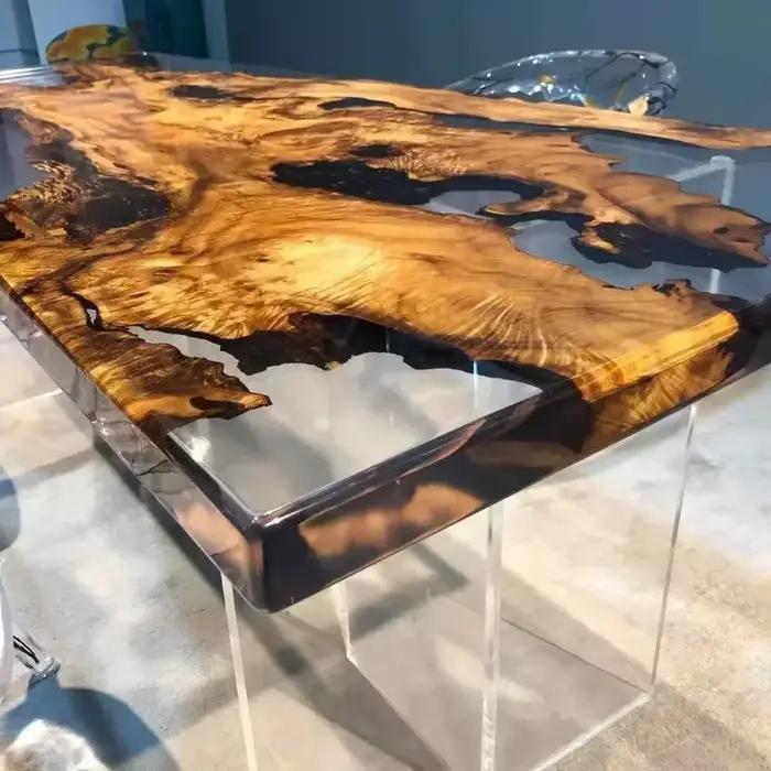 Table en résine époxy transparente Qinghe, design de luxe, bois massif, noyer, le plus populaire