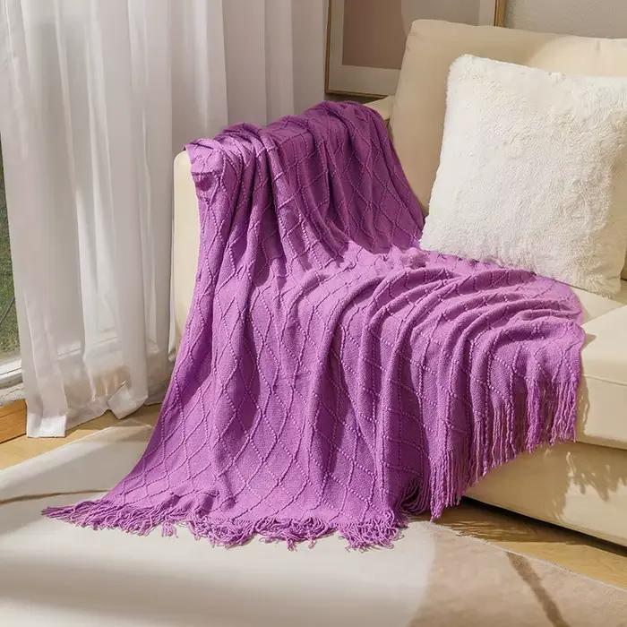 Grande couverture tricotée kaki style nordique avec pompons, douce et confortable, motif écossais au