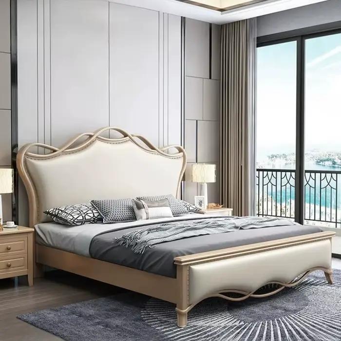 Lit double américain grand format en bois massif, style luxe léger, moderne et simple, haut de gamme