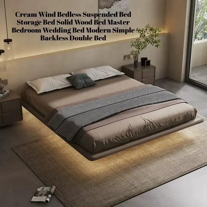 Lit Moderne Simple avec Rangement Flottant, Lit Double de Hôtel, Cadre en Bois, Meubles de Chambre C