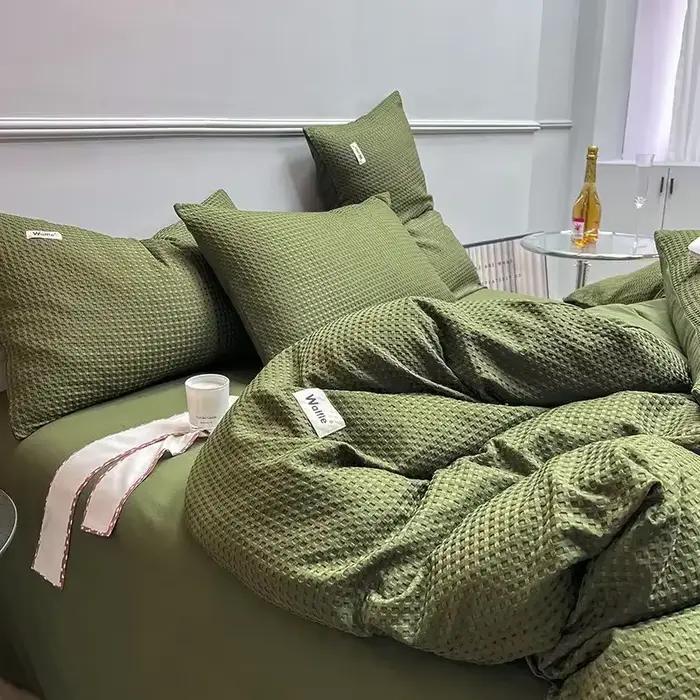 Ensemble de literie de luxe en coton gaufré lavable léger, housse de couette vert olive, drap de lit