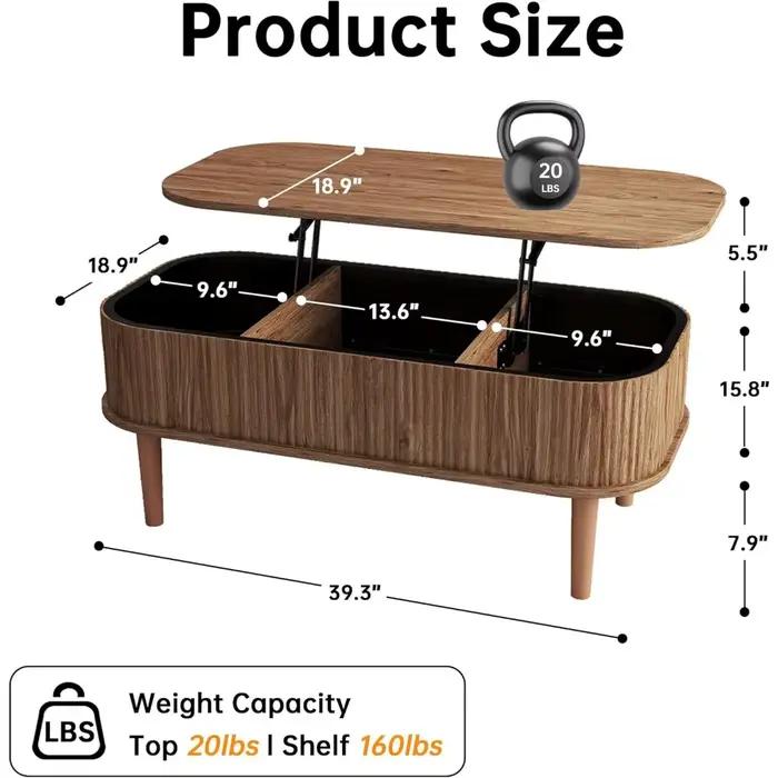 Table basse relevable cannelée avec rangement dissimulé, table basse ovale avec plateau relevable, d