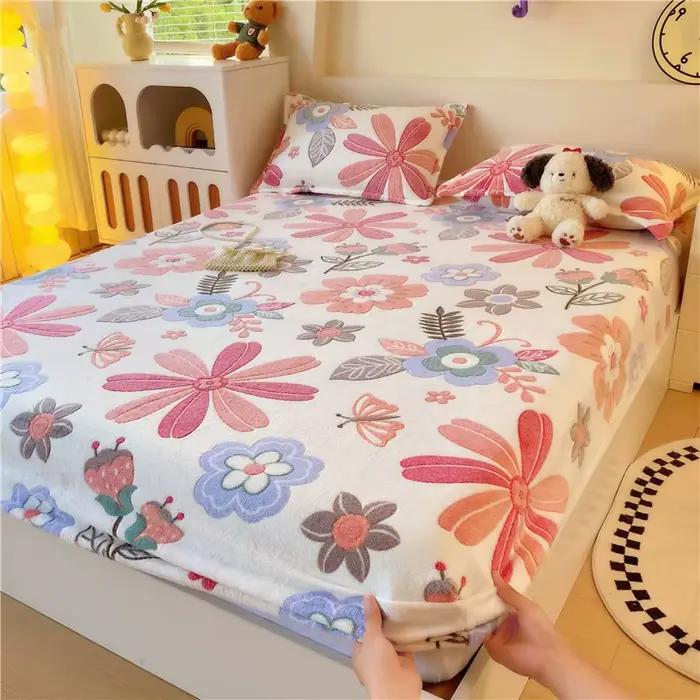 Drap de lit en flanelle polaire, 1 pièce, imprimé floral, épais et chaud, pour l'hiver, simple/Queen