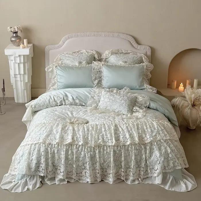 Ensemble de literie en coton égyptien beige, style princesse, luxe, broderie en dentelle, ensembles 