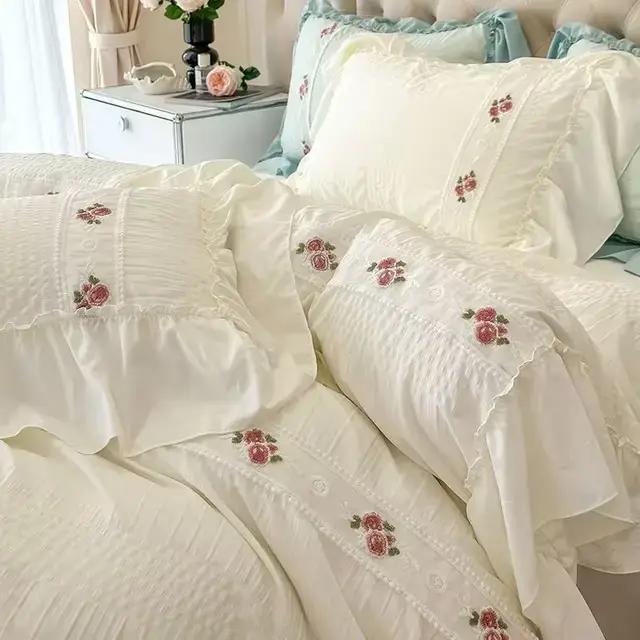 Magnifique ensemble de literie en dentelle, style coréen, housse de couette en coton lavé doux, ense