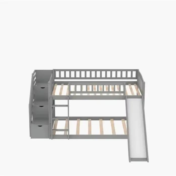 Lit superposé standard double sur double avec toboggan et escaliers intégrés, lits à deux couches en