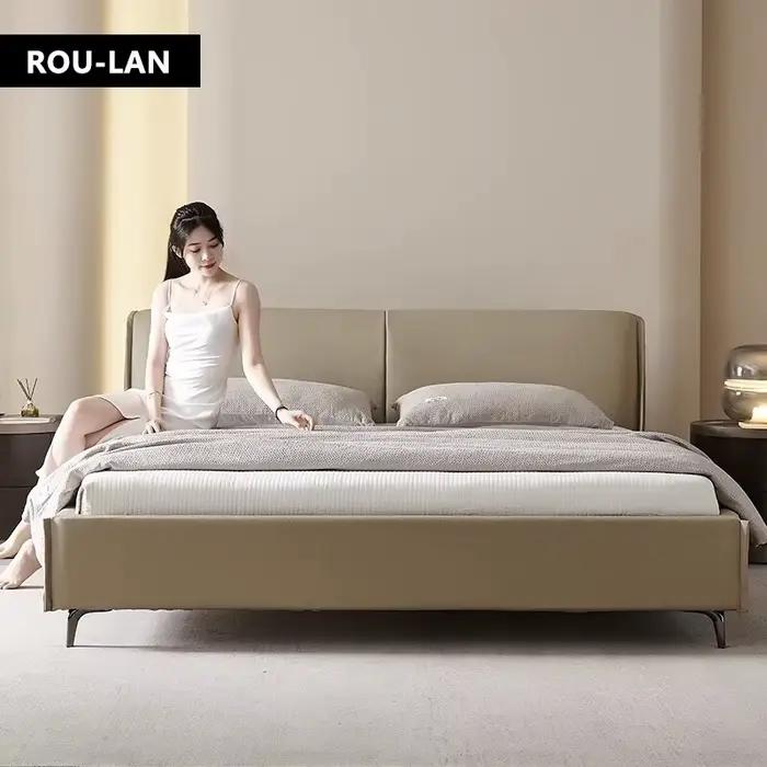 Lit en cuir souple minimaliste moderne, lit Queen, chambre principale, lit de mariage, lit double cr