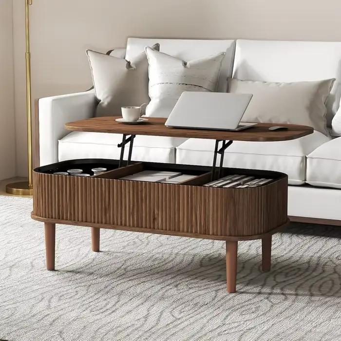 Table basse relevable cannelée avec rangement dissimulé, table basse ovale avec plateau relevable, d