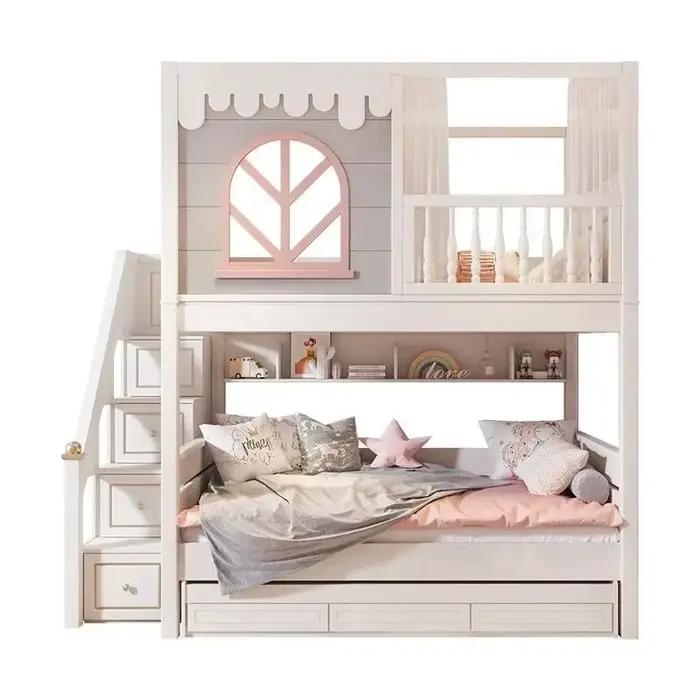 Lit superposé loft moderne pour enfants, lit superposé combiné en bois rose pour filles avec armoire