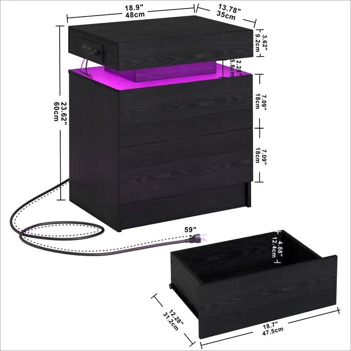 LIKIMIO-Table de chevet avec station de charge, table de chevet moderne avec lumière LED et égouts d