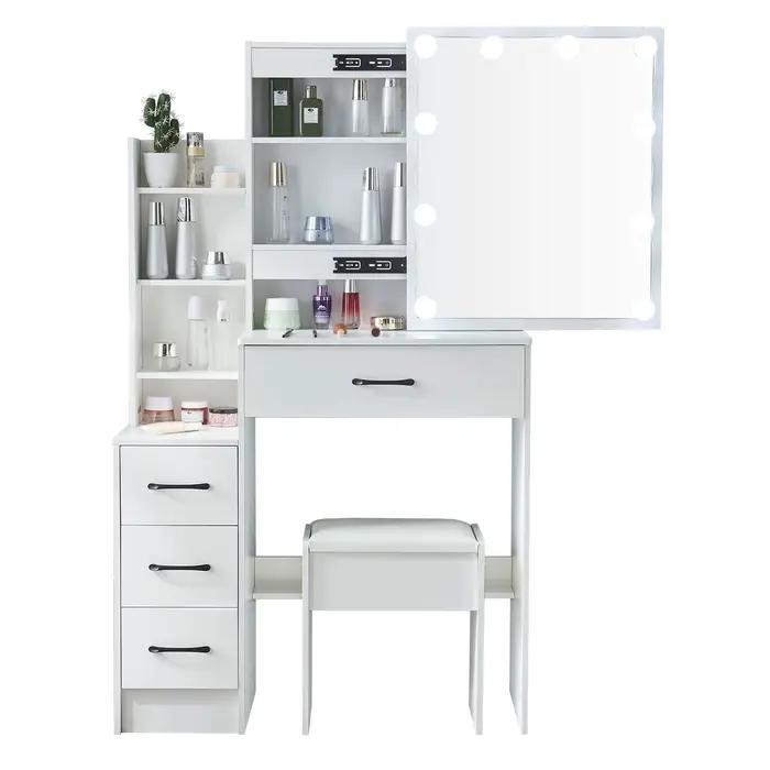 Commode avec miroir à ampoule LED, ensemble de vanité avec 4 portes de proximité, 3 motifs lumineux 