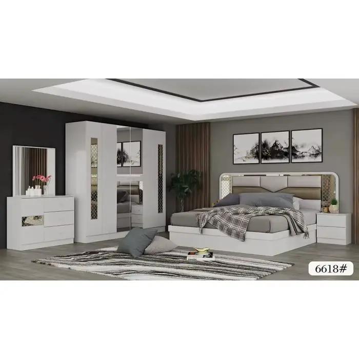 Ensemble de meubles de chambre à coucher moderne MANBAS 6 pièces avec cadre de lit, matelas en latex