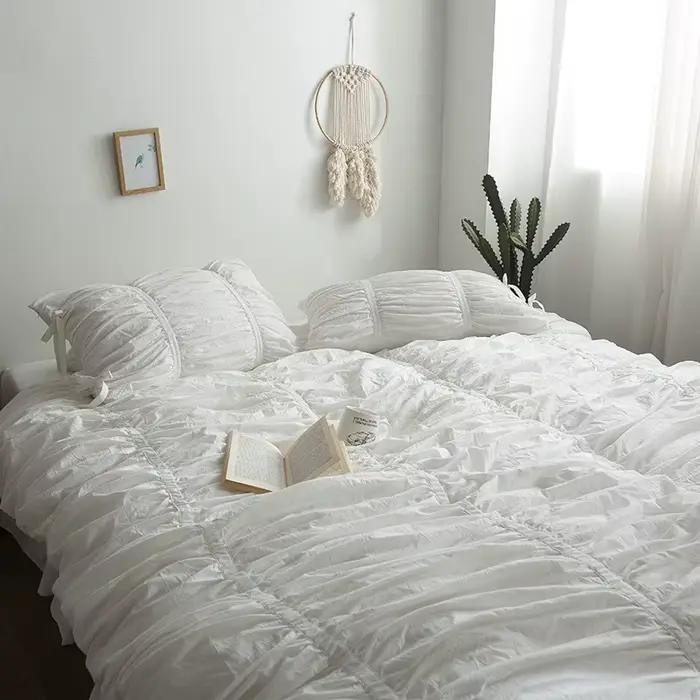 Parure de lit 100 % coton lavé à volants, housse de couette blanche, taille Queen/King avec nœuds, u