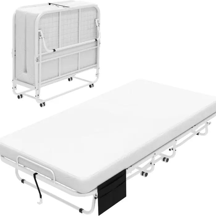 Lit pliant avec matelas et cadre robuste, lit pliable Portable sur roulettes avec housse de rangemen