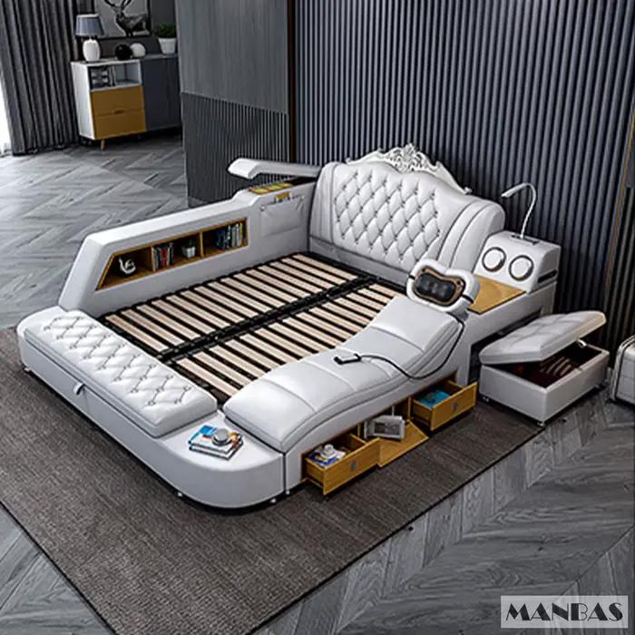 Lit multifonctionnel intelligent MANBAS Ultimate avec cadre en cuir véritable, massage, USB, haut-pa