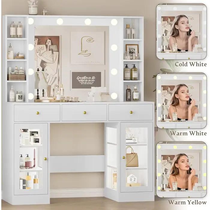 Vanité blanche avec plateau en verre, lumières LED et prise de courant, 3 tiroirs