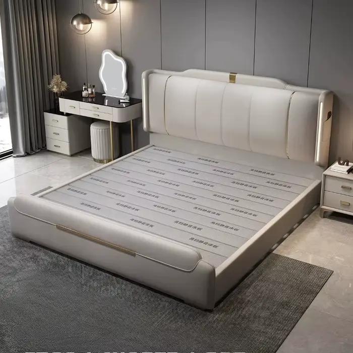 Cadre de lit Queen-size capitonné de luxe en cuir et bois massif, lit double Queen-size avec rangeme