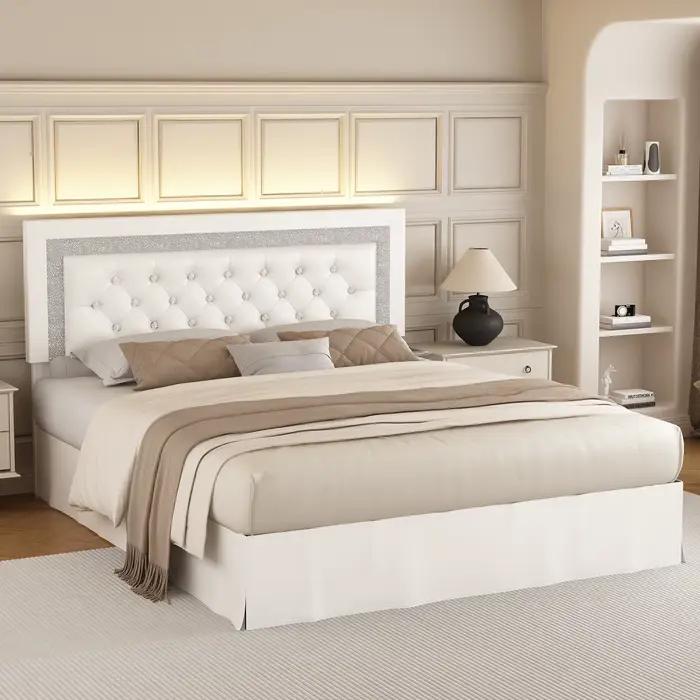 SIBEDS Cadre de lit queen avec lumières LED, tête de lit réglable, revêtement en lin capitonné, jupe