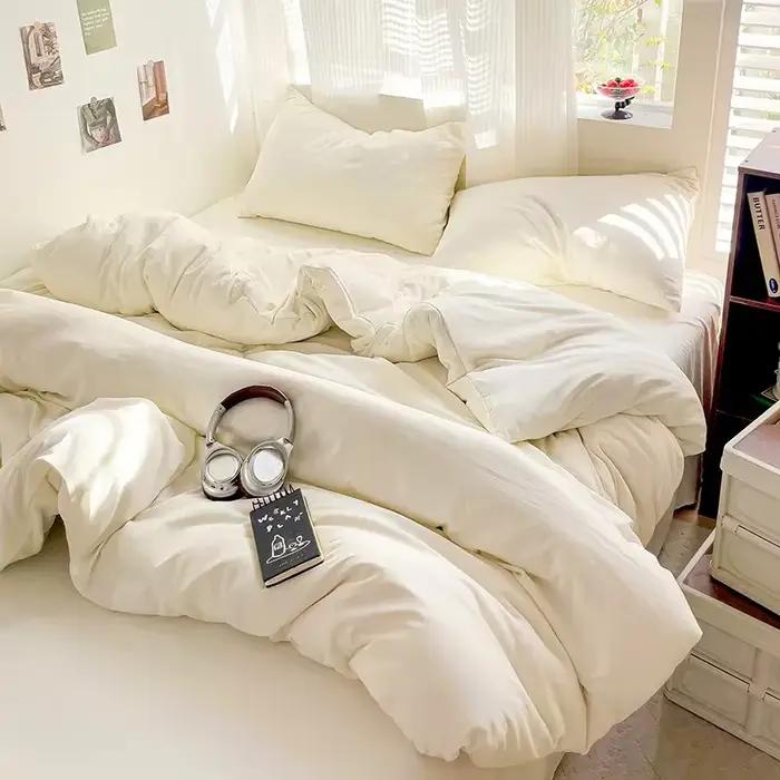 Ensemble de literie en coton, linge de lit solide, 4 pièces, avec drap, housse de couette, taies d'o