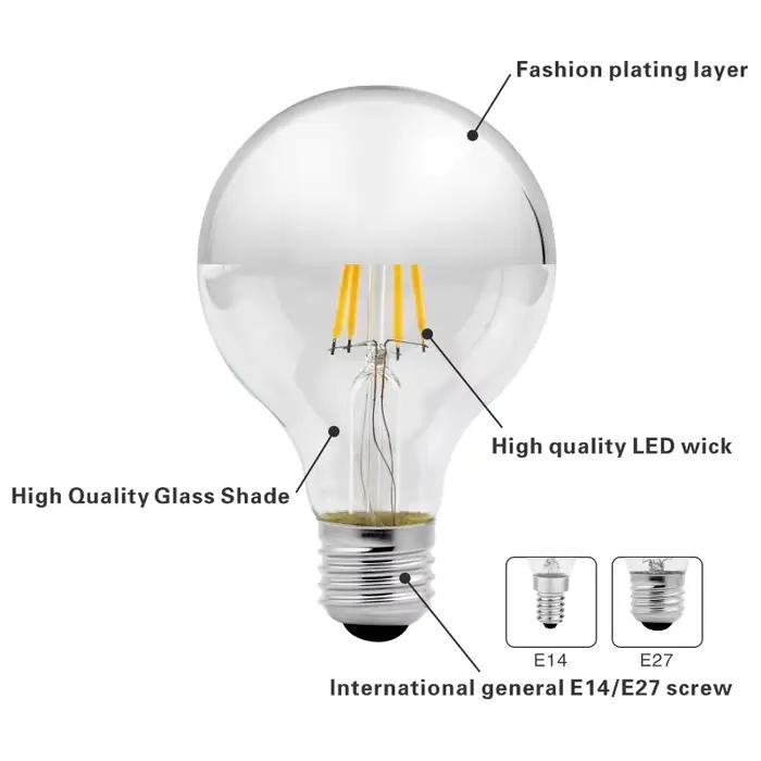 Miroir argent rétro Edison ampoule LED E14 E27 4W G45 A60 ST64 G80 G95 Vintage Filament Lampada lamp