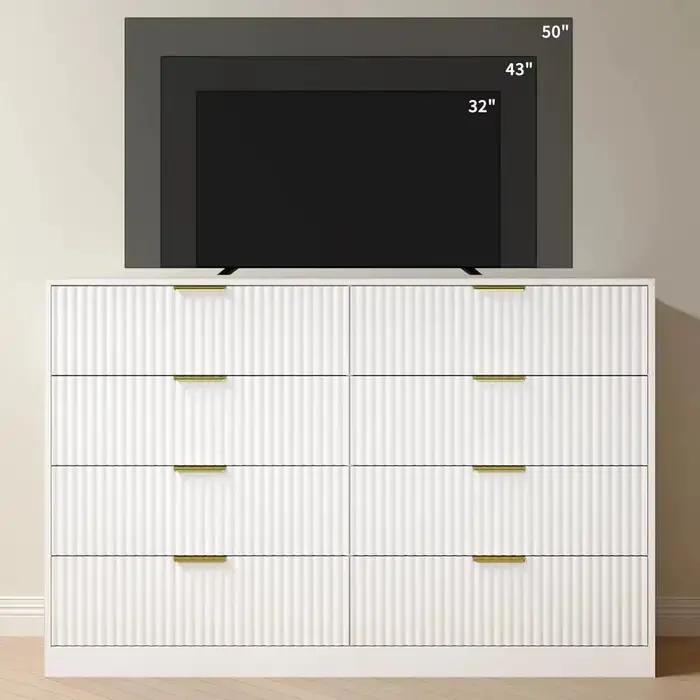 Commode cannelée pour chambre à coucher avec 8 tiroirs, commode double blanche de 55 pouces de large