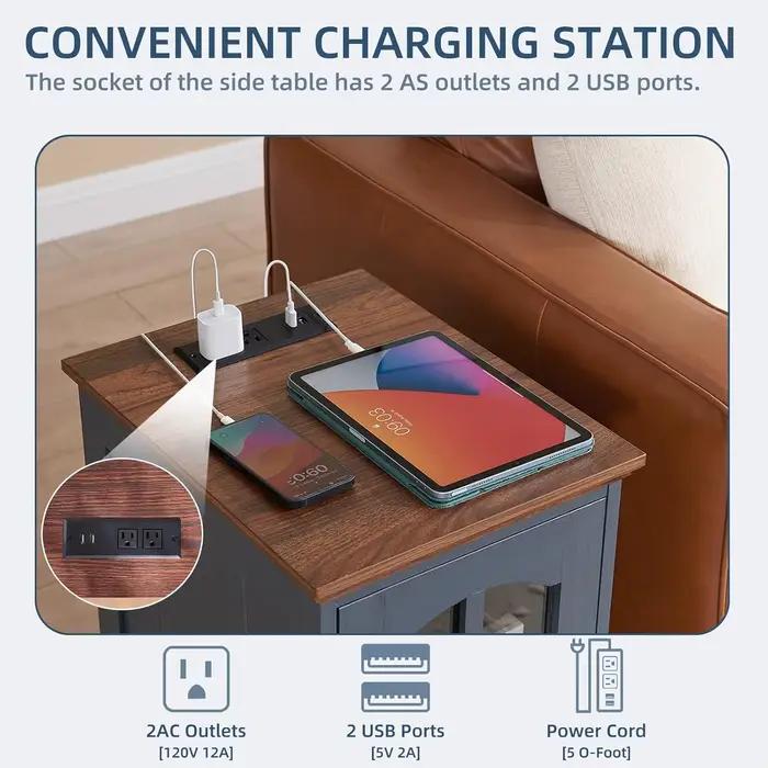 Ensemble de 2 tables d'appoint étroites, table de chevet style farmhouse avec station de charge, tab