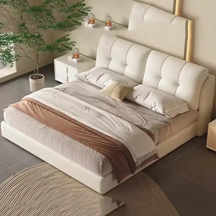 Cadres de lit rembourrés Queen blancs, tables de chevet minimalistes, lit de salon, chambre Double, 