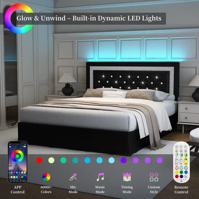 SIBEDS Cadre de lit queen avec lumières LED, tête de lit réglable, revêtement en lin capitonné, jupe