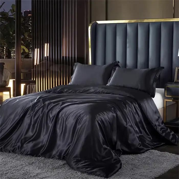 Parure de lit en soie unie, avec housse de couette, drap et taies d'oreiller, de luxe, en Satin, sim