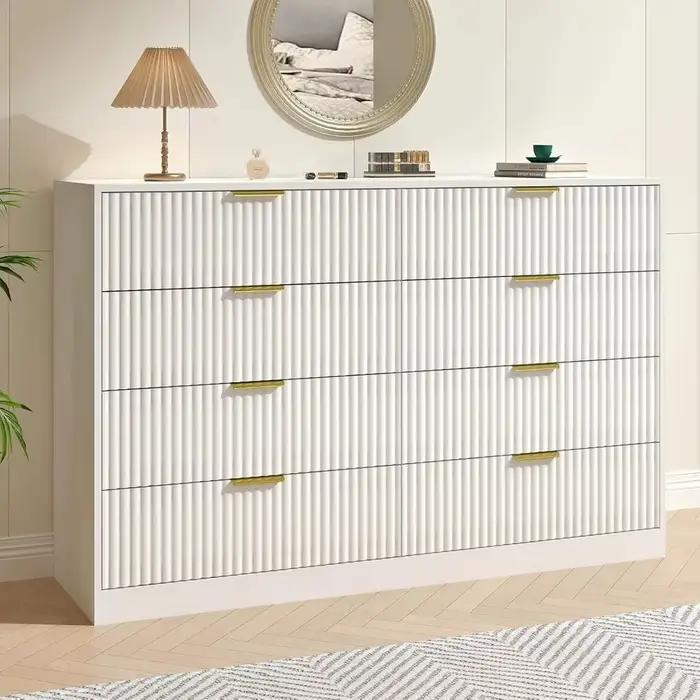 Commode cannelée pour chambre à coucher avec 8 tiroirs, commode double blanche de 55 pouces de large
